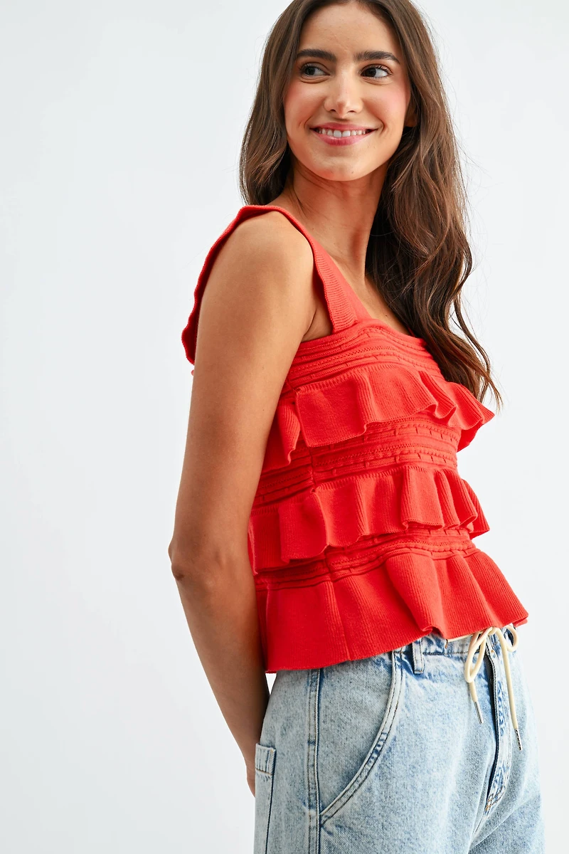Red Ruffled Knit Sleeveless Top