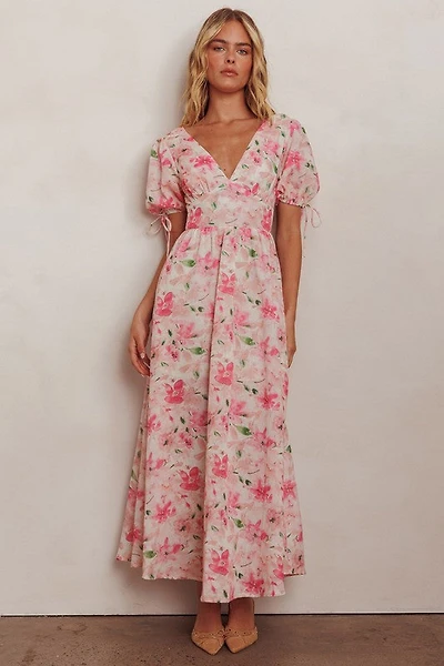 Pink Floral Puff Sleeve Maxi Dress