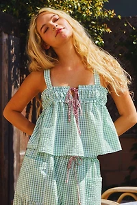 Green Seersucker Gingham Print Tank Top