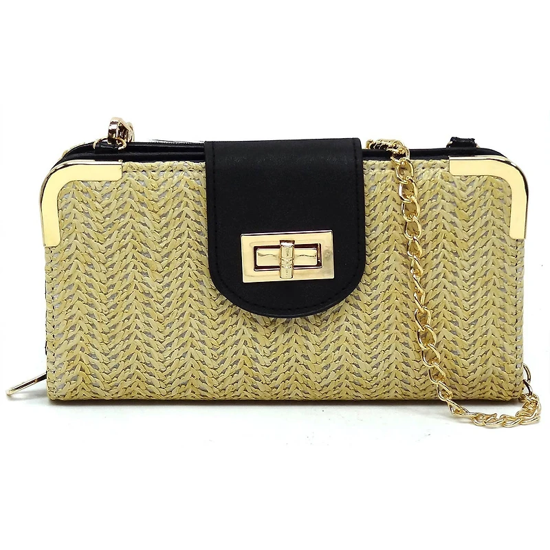 Straw Turn Lock Crossbody Wallet