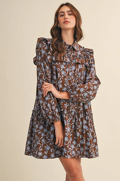 Brown Ruffle Trim Button Down Mini Dress