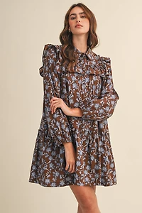 Brown Ruffle Trim Button Down Mini Dress