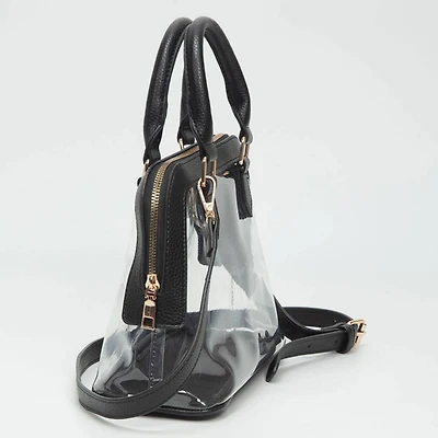 Faux Leather Trim Transparent Structured Top Handle Handbag / Crossbody Bag: Clear, Black