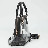 Faux Leather Trim Transparent Structured Top Handle Handbag / Crossbody Bag: Clear, Black