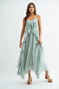 Mint Green Chiffon Maxi Dress with Floral Embroidery