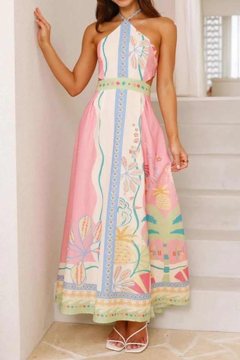 Pink Printed Sleeveless Halter Neck Dress