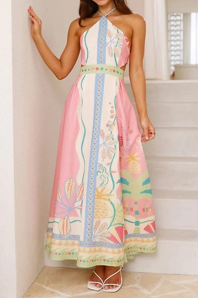 Pink Printed Sleeveless Halter Neck Dress