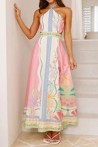 Pink Printed Sleeveless Halter Neck Dress
