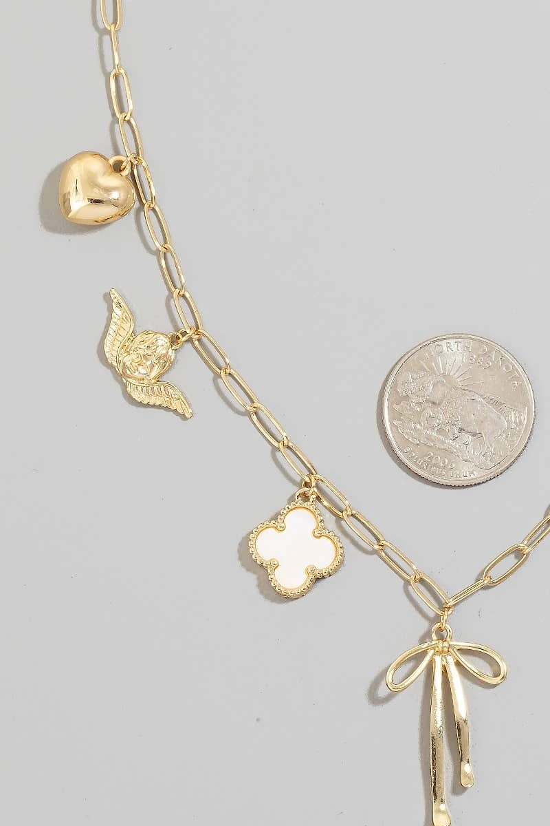 Heart Cross Angel Ribbon And Angel Charms Chain Necklace: GDWHT
