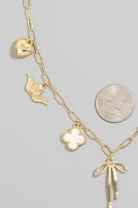 Heart Cross Angel Ribbon And Angel Charms Chain Necklace: GDWHT