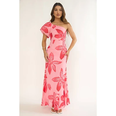 Pink Floral One Shoulder Maxi Dress