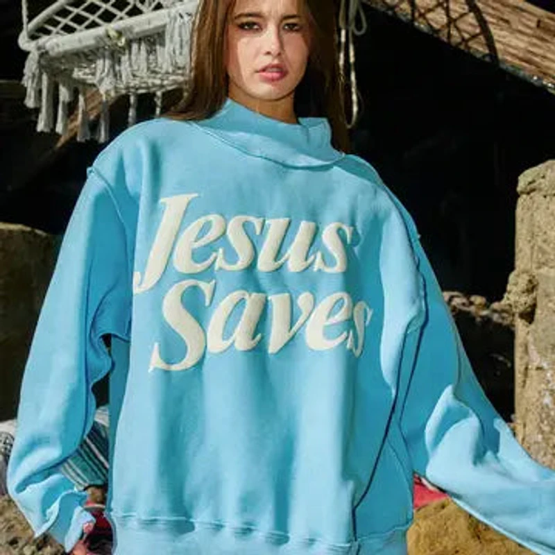 Blue Jesus Saves Mock Neck