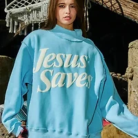 Blue Jesus Saves Mock Neck