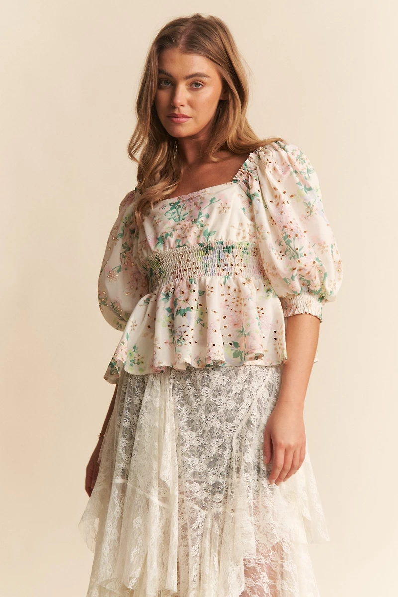 Green Ruched Floral Top