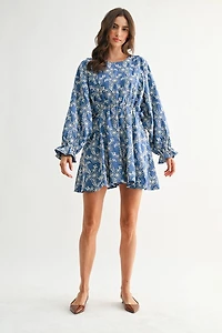 Blue Embroidered Long Sleeve Mini Dress