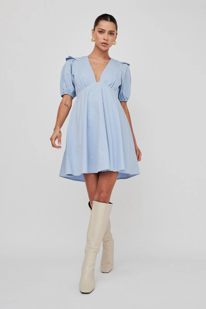 Blue Plunge Ruffle Sleeve Dress