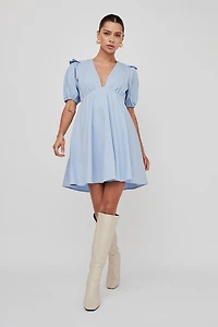 Blue Plunge Ruffle Sleeve Dress