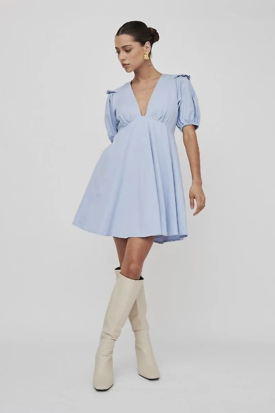 Blue Plunge Ruffle Sleeve Dress