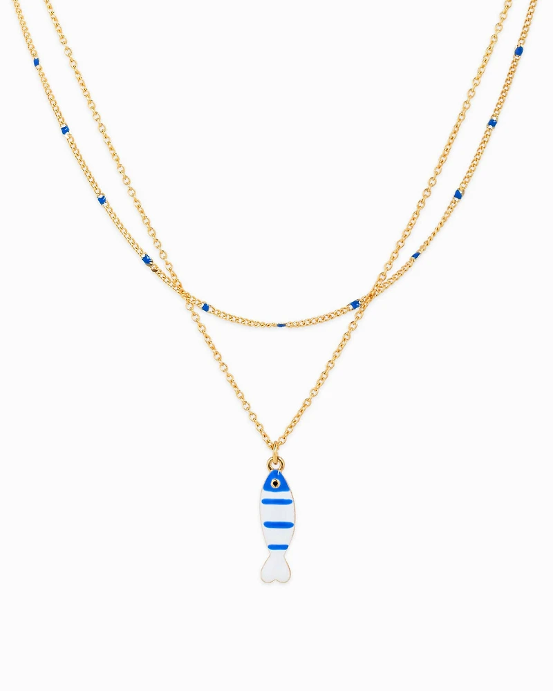 Layered Sea Life Marine Blue Fish Charm Necklace