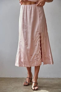 Pink Satin Embroidered Midi Skirt