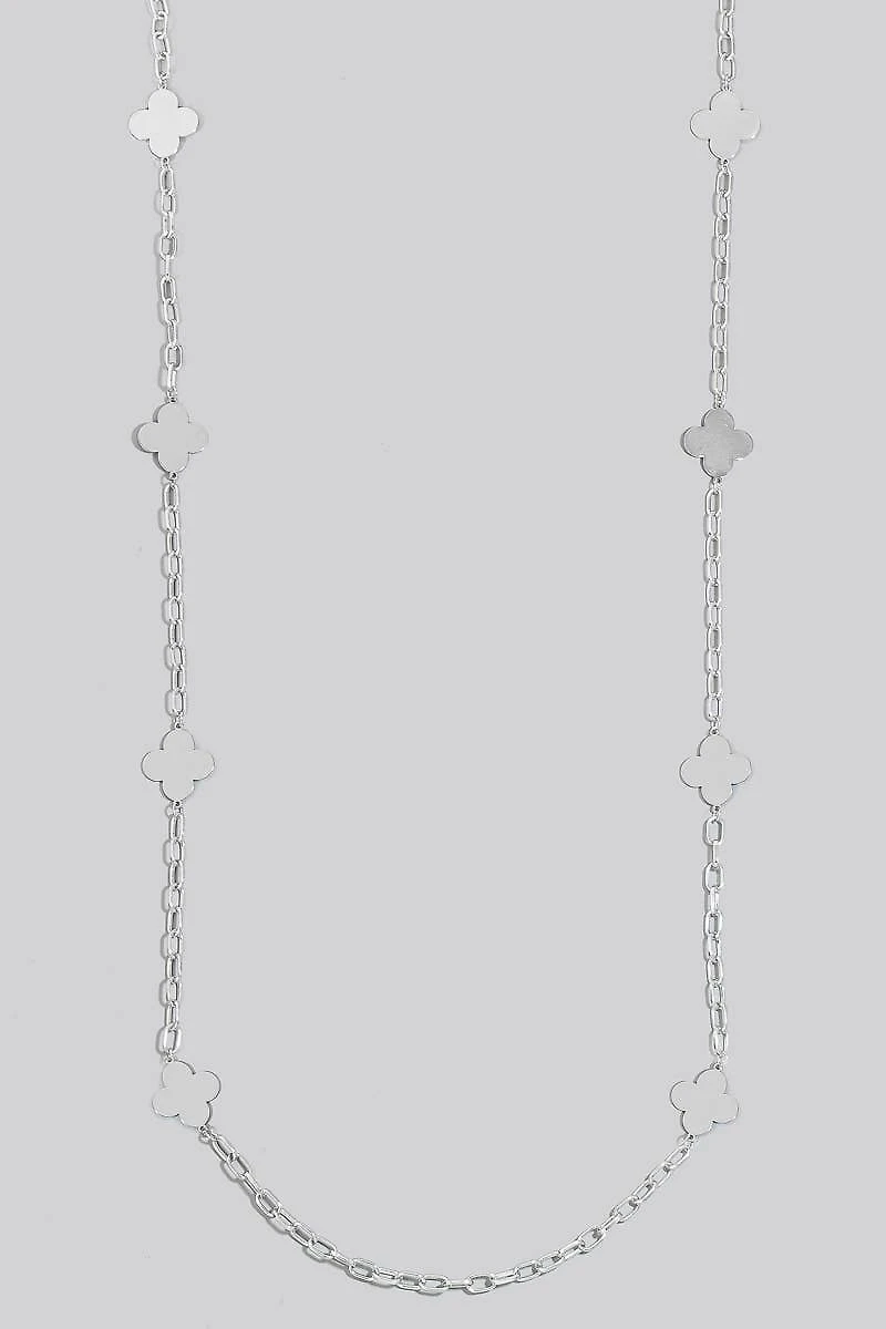 Flat Metallic Clover Station Charms Long Chain Necklace