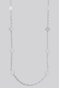 Flat Metallic Clover Station Charms Long Chain Necklace