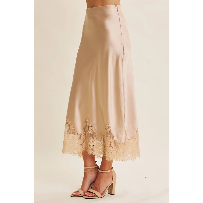 Champagne Lace and Satin Midi Skirt