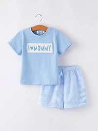 "I Love MOMMY" Embroidery Smocking Baby Boys Striped Shorts Set