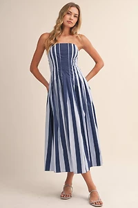 Blue Strapless Striped Midi Dress