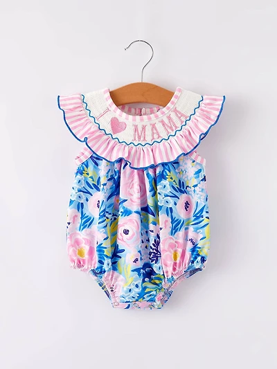 “I Love MAMA”Embroidery Smocking Baby Girls Romper