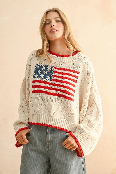 Cream American Flag Front Sweater Top