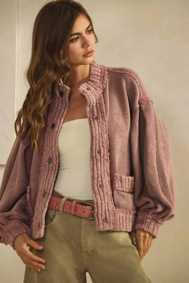 Mauve Washed Trim Cardigan Jacket