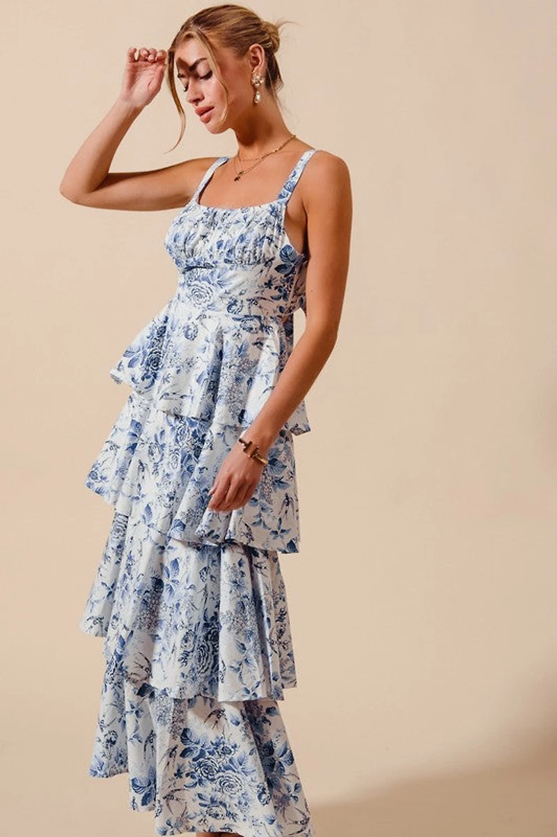 Blue Floral Print Tiered Maxi Dress