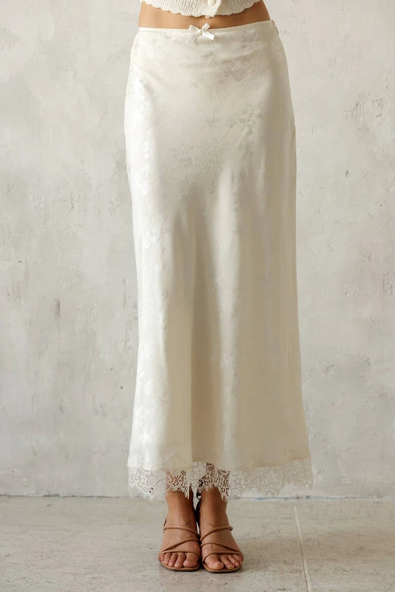 Ivory Satin Lace Trim Midi Skirt