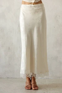Ivory Satin Lace Trim Midi Skirt