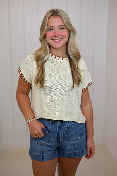 White Sweater with Contrast Stitch