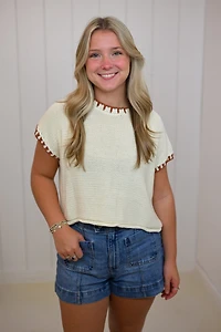 White Sweater with Contrast Stitch