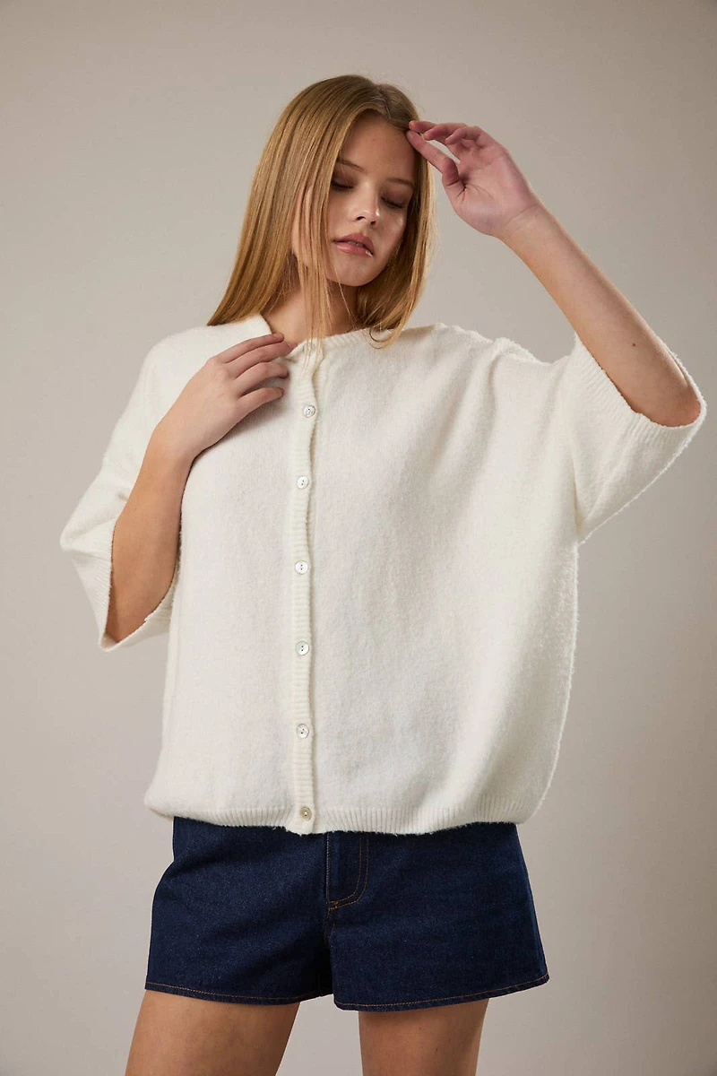 White Short Sleeve Sweater Cardigan
