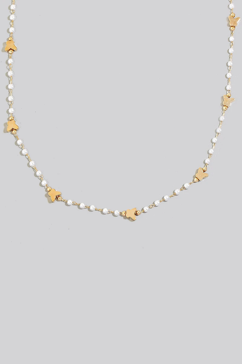 Butterfly And Pearl Beaded Station Chain Necklace