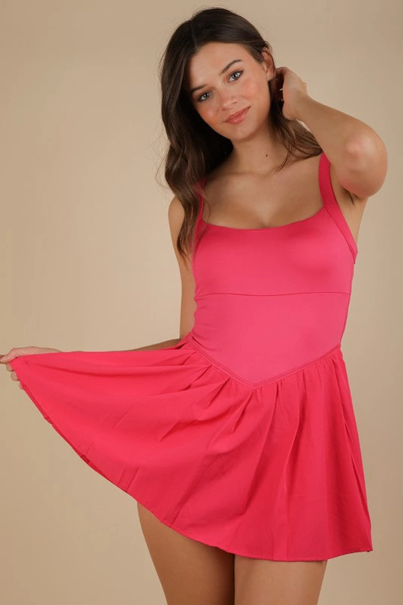 Pink Pleated Skirt Activewear Dress W/ Under Shorts