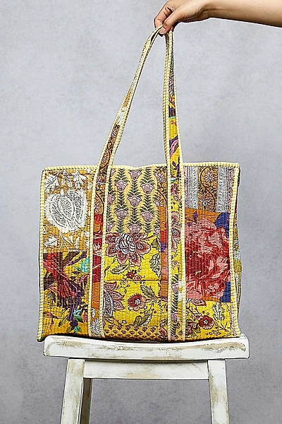 Yellow Quilted Striped Tote Bag