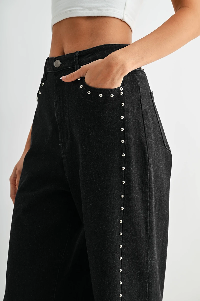 Black Wide-Leg Denim Stud Pants