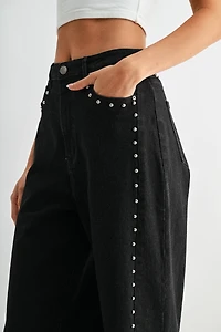Black Wide-Leg Denim Stud Pants