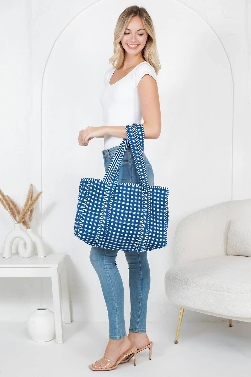 Blue Checkered Quilted Tote Bag