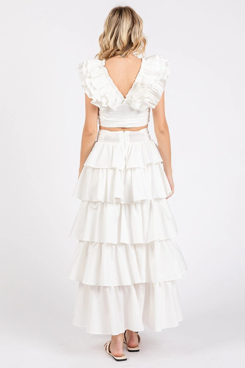 White Ruffle Frill Skirt Set