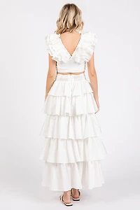 White Ruffle Frill Skirt Set