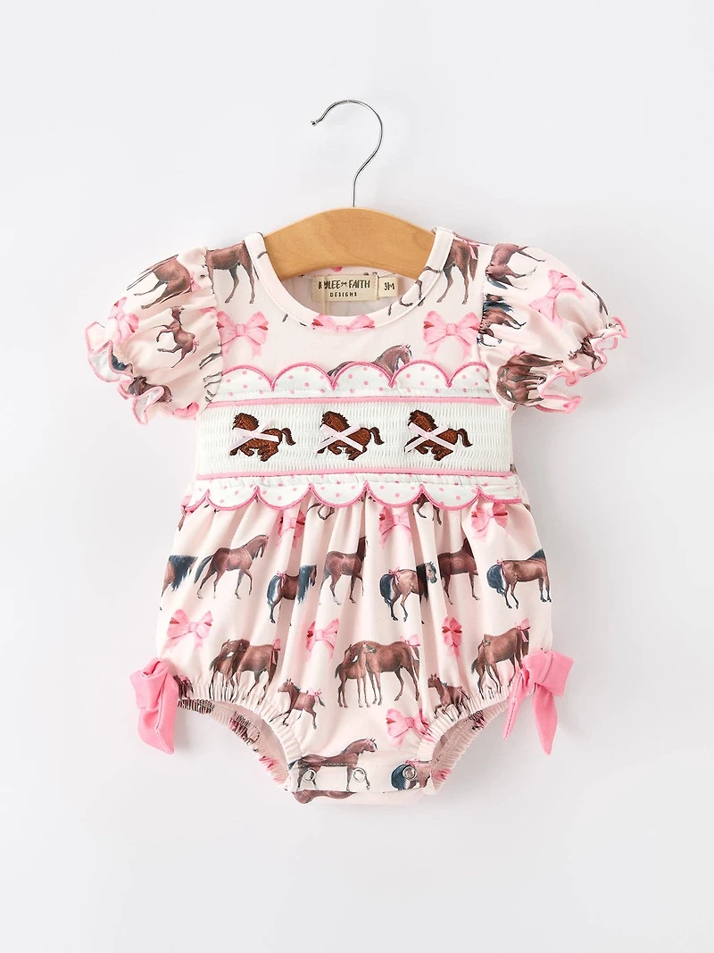 Western Horse Smocked Bow Ruffle Romper