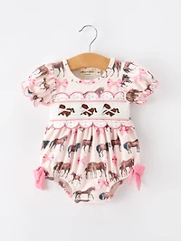 Western Horse Smocked  Bow Ruffle Romper