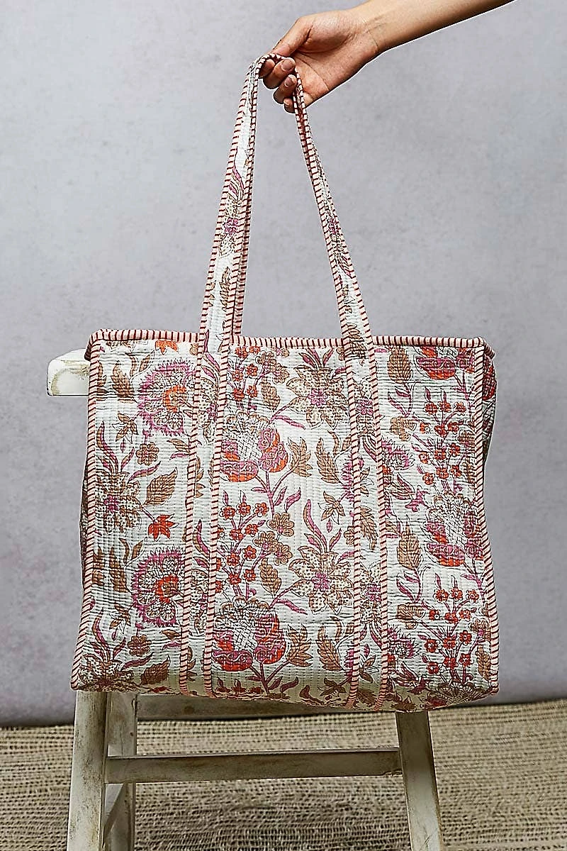 Cream Quilted Floral Tote Bag