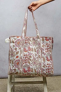 Cream Quilted Floral Tote Bag